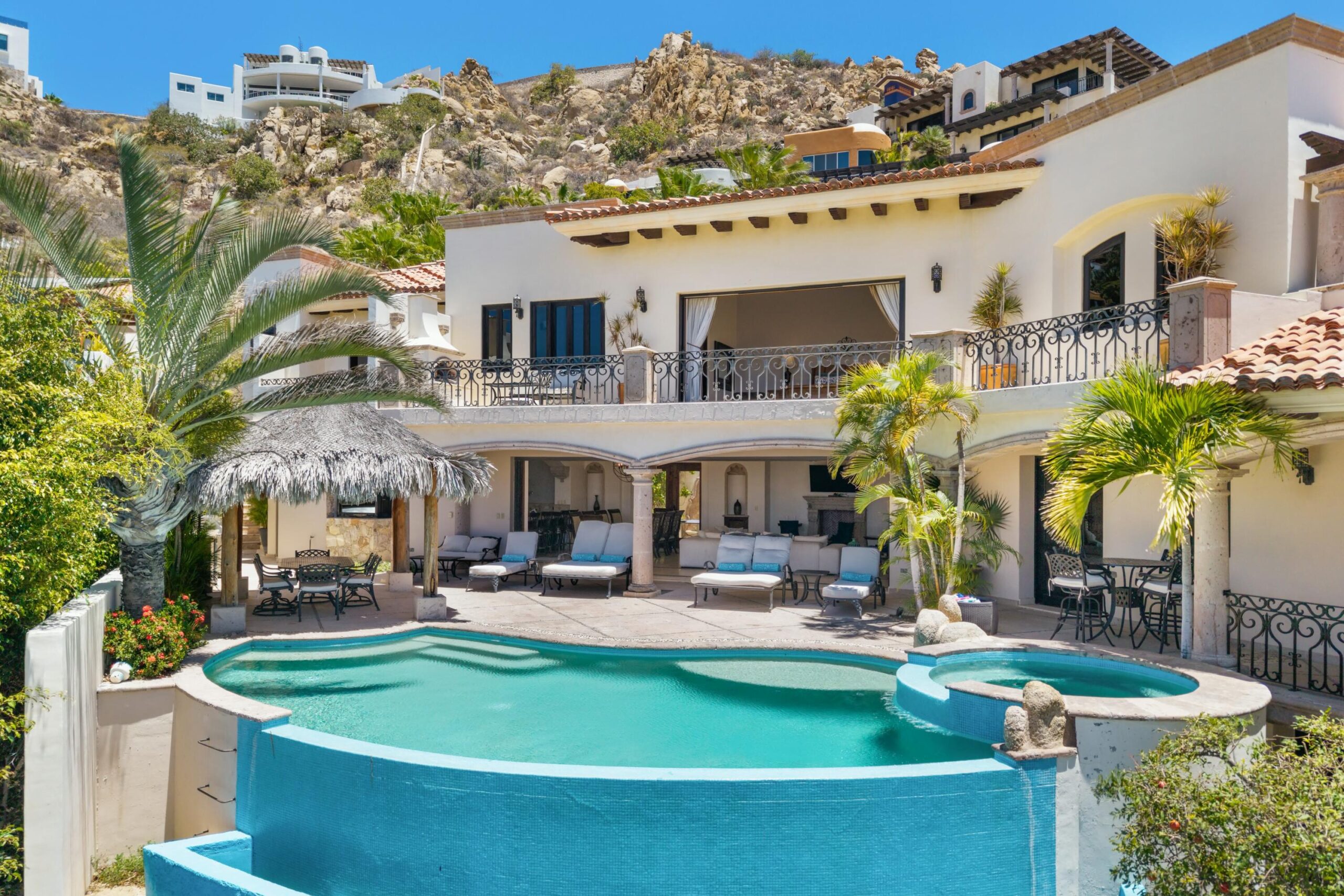 Cabo San Lucas Pedregal Csl First time on the market, Villa Antigua is a six-bedroom, seven-bathroom residence located within the prestigious community of Pedregal, offering a rare opportunity to own a timeless property in Cabo's most exclusive neighborhood.Antigua blends classic Mexican architecture with hacienda-style furnishings, creating an atmosphere of inviting and understated luxury. Dramatic architectural details and exceptional craftsmanship are evident throughout, including stone columns, marble floors, and tasteful designer décor in warm earth tones.Its spacious layout includes six generously sized bedrooms, ideal for both private enjoyment and high-end rental use. The upper level bedrooms provide enhanced privacy, beautiful ocean for sale