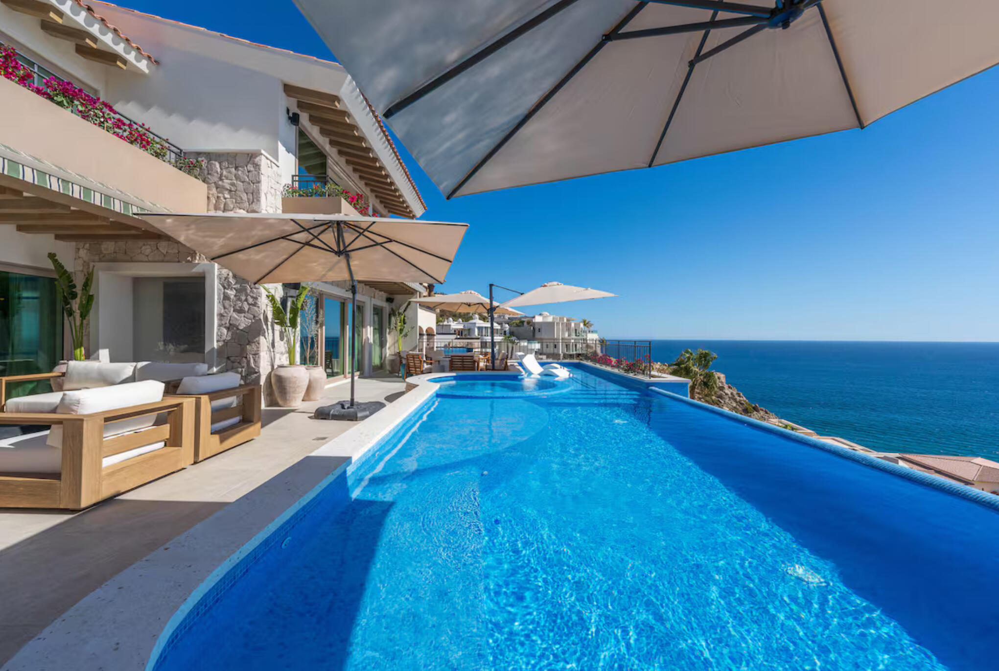 Cabo San Lucas Pedregal Csl Casa LA PIÑATA A luxury villa located in the exclusive Pedregal Cabo San Lucas. Perfect as a private residence or a high-end vacation rental, this villa offers an exceptional combination of comfort, style, privacy, and location.The villa features 8 bedrooms including a service room (as an independent apartment suite), 8.5 bathrooms, and 13 beds.Fully furnished and equipped with top-quality finishes, providing a turnkey experience.Every detail has been thoughtfully crafted to create an exceptional space for family gatherings and entertaining. The expansive terrace includes a great swimming pool, 2 jacuzzi, bar, 2 BBQ station, 2 fire pits, and multiple lounge areas, to enjoy the very best of Cabo living The interiors feature cozy and elegant living spaces, including a inside bar, games room, media room and impeccable design in every corner Fully furnished and equipped, representing an outstanding opportunity. With its exceptional design, amenities, and location, this villa embodies the best of the Baja lifestyle for sale