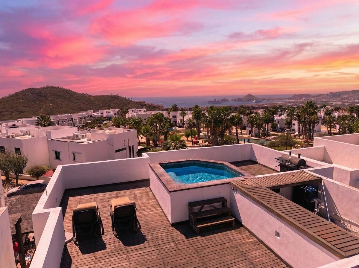 Cabo San Lucas Miramar Discover this stunning home located in the desirable Miramar area, thoughtfully designed to offer spacious living, comfort, and exceptional entertainment spaces.This beautiful two-story residence features 5 spacious bedrooms, 5 full bathrooms, and 1 half bathroom, with a modern layout that maximizes natural light and seamless indoor-outdoor living.The main level includes a fully equipped modern kitchen, open-concept living and dining areas, a convenient laundry room, and a two-car garage. Large windows and well-designed spaces create a bright and welcoming atmosphere throughout the home. The highlight of the property is its impressive rooftop entertainment area, perfect for hosting family and friends. It features a built-in BBQ grill, sink, two additional half bathrooms, a cozy fire pit, and a beautiful swimming pool, creating the ideal setting to enjoy outdoor living and breathtaking sunsets.Located in a peaceful and growing neighborhood, Miramar offers convenient access to schools, shopping centers, restaurants, beaches, and the main roads connecting all of Los Cabos. – Santa Rita 2, Cabo San Lucas, Cabo San Lucas, BS